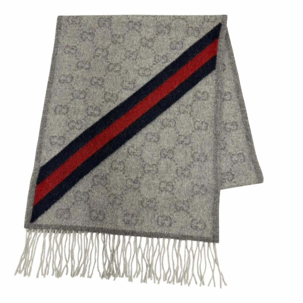 GUCCI 570603 Wool Alpaca GG Pattern Web Line Fringe Stole/Scarf, Gray, 37 x 1...
